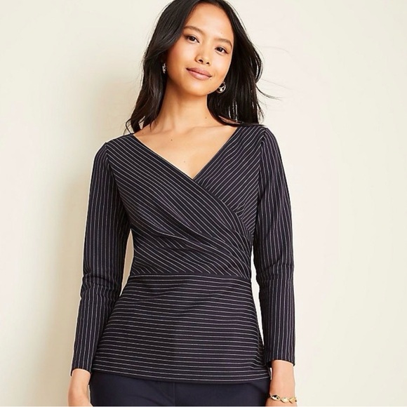 Ann Taylor Tops - Ann Taylor Navy Blue Pinstripe Wrap-Style Long Sleeve Top
